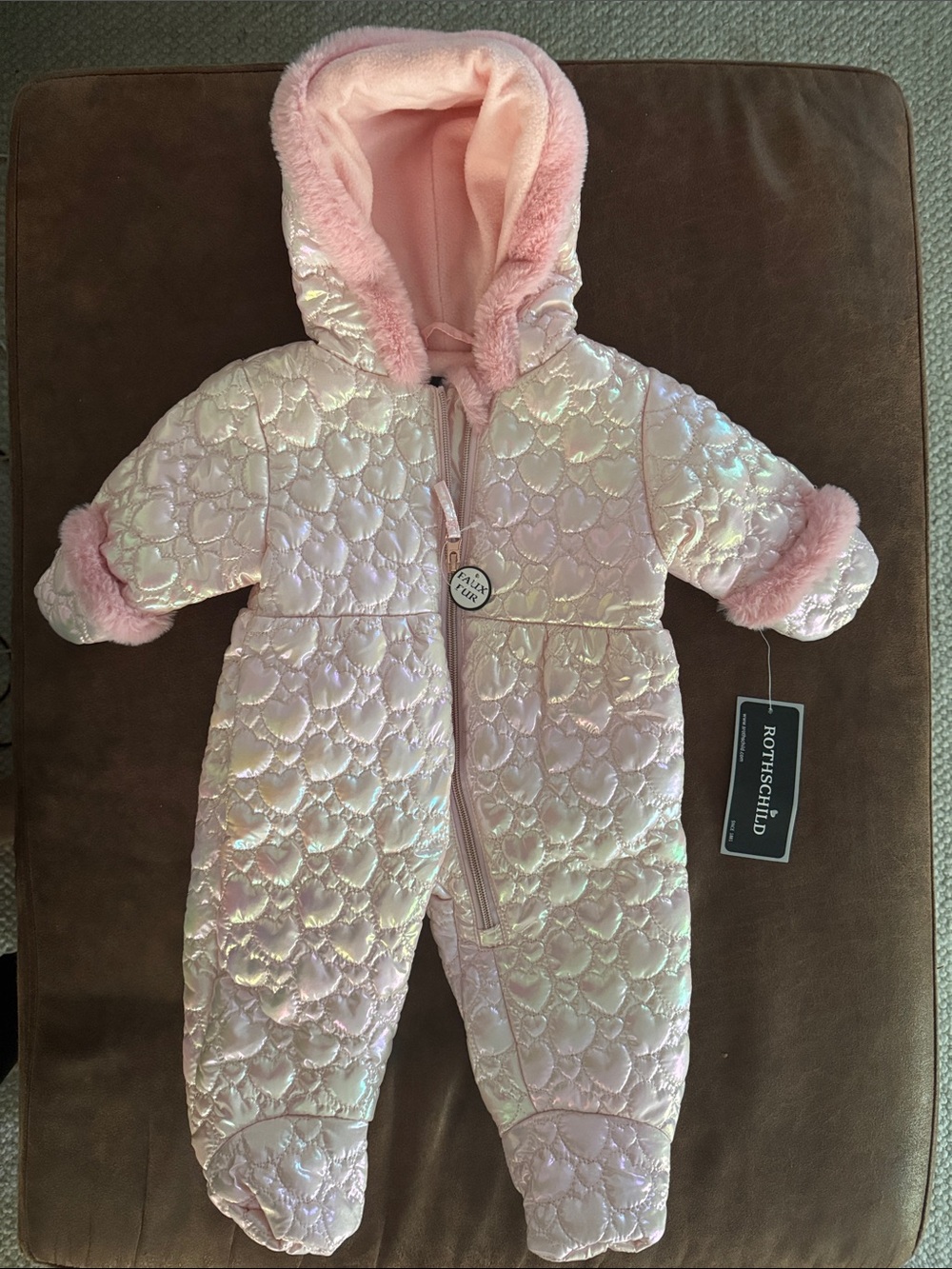 Rothschild Iridescent Light Pink Quilted Baby One-Piece with Faux Fur Hood